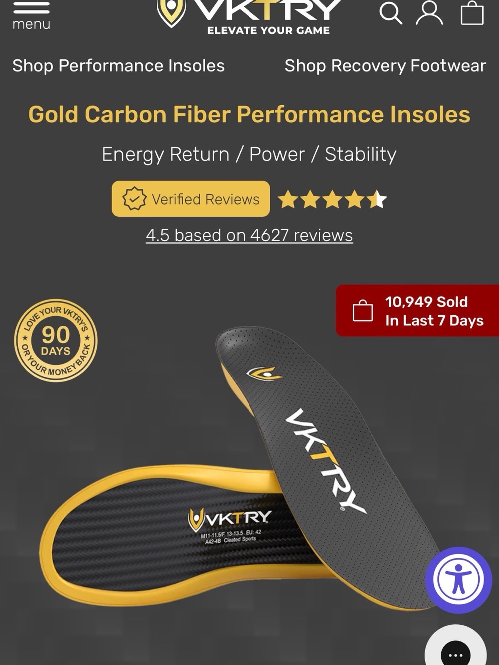 VKTRY SPORTS INSOLES Gold & Black Carbon Fiber Performance Insoles for Women